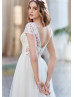 Cap Sleeves Ivory Embroidered Lace Tulle Modern Wedding Dress